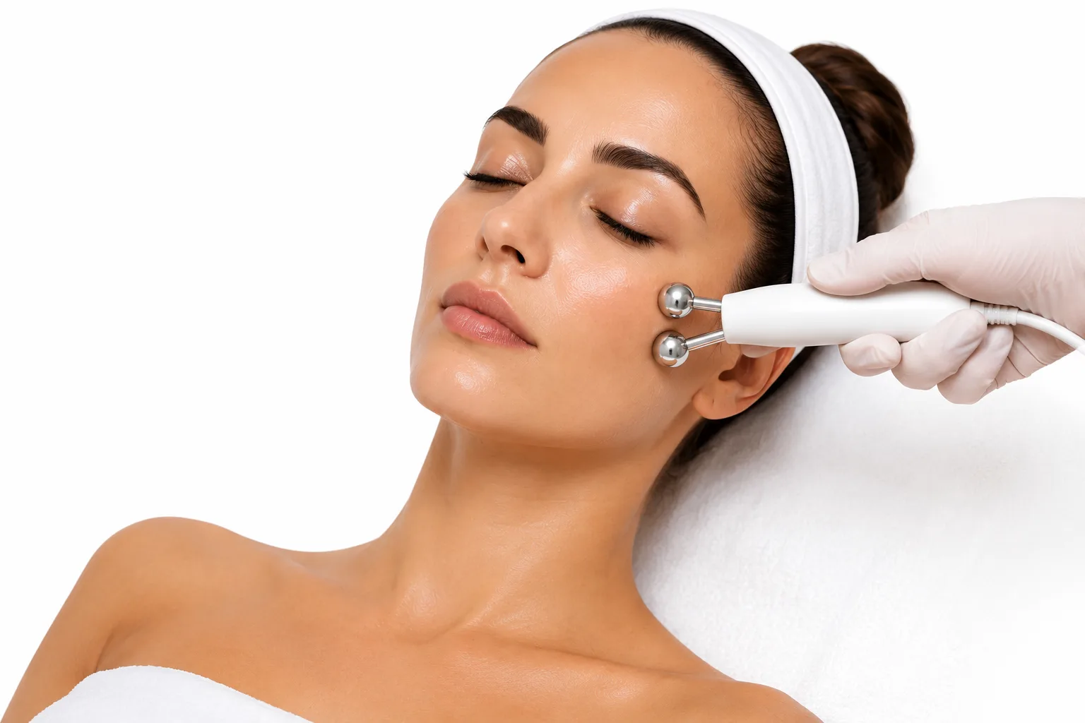 Woman with eyes closed receiving a facial skin treatment