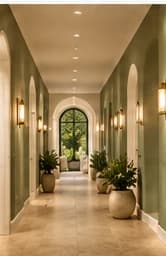 Softly lit sage hallway with arched doorways