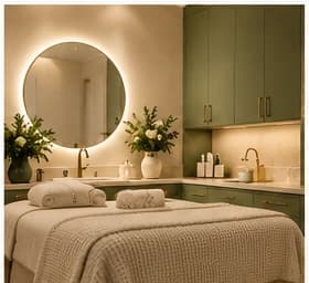 Treatment room with a backlit round mirror